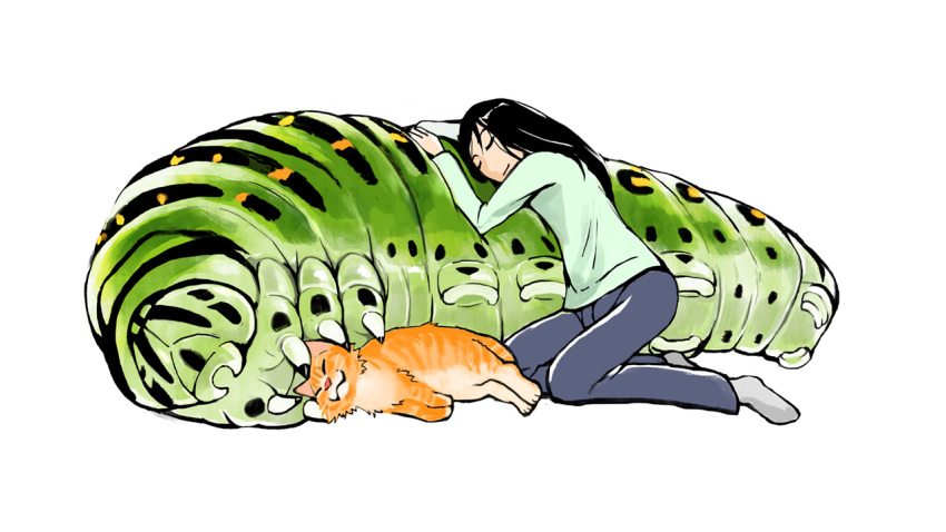 animal black_hair cat caterpillar closed_eyes closed_mouth green_shirt grey_legwear grey_pants long_hair long_sleeves nishimawari_kouro original oversized_animal pants shirt simple_background socks white_background