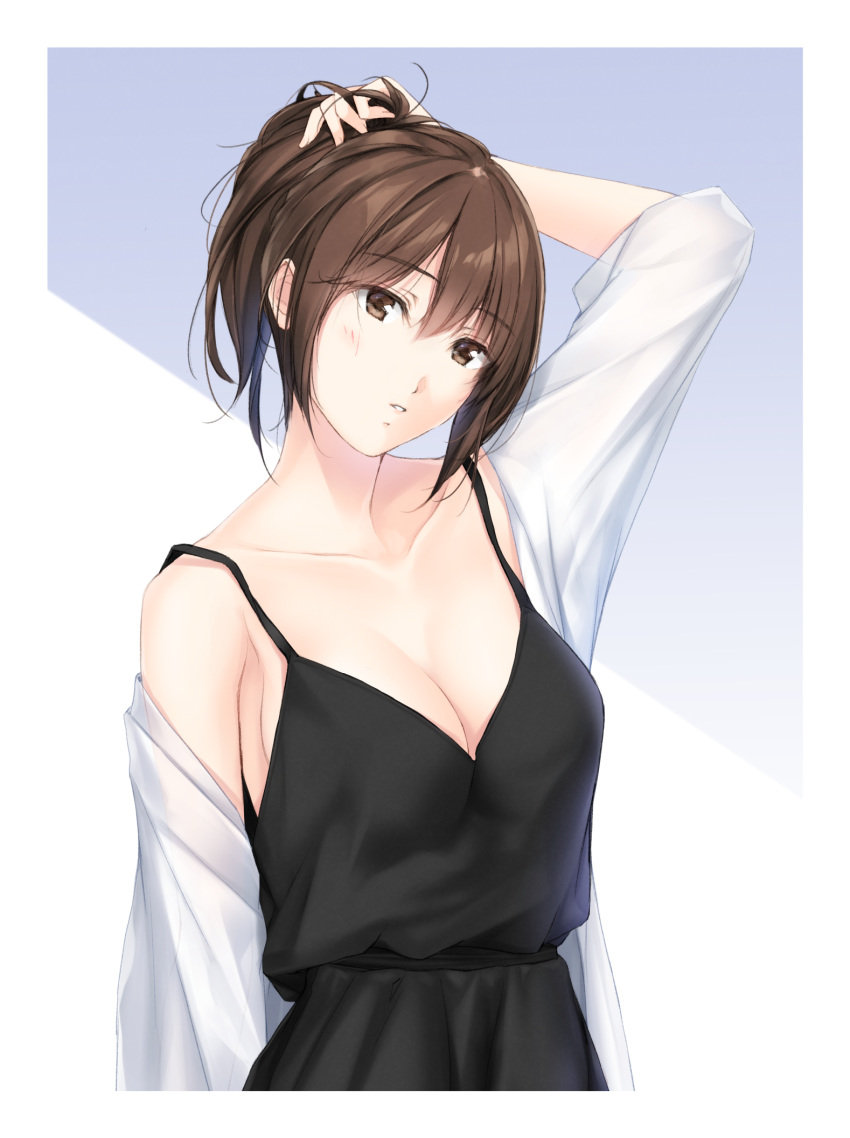 1girl black_dress breasts brown_eyes brown_hair casual cleavage dress hand_on_own_head hand_up highres looking_at_viewer medium_breasts nayuta69 open_clothes open_shirt original parted_lips ponytail shirt solo upper_body white_shirt