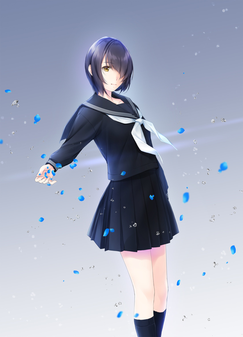 1girl black_hair black_legwear black_sailor_collar black_serafuku black_shirt black_skirt blue_petals hair_over_one_eye highres kneehighs looking_at_viewer nayuta69 neckerchief original sailor_collar school_uniform serafuku shirt short_hair skirt solo water_drop white_neckwear yellow_eyes