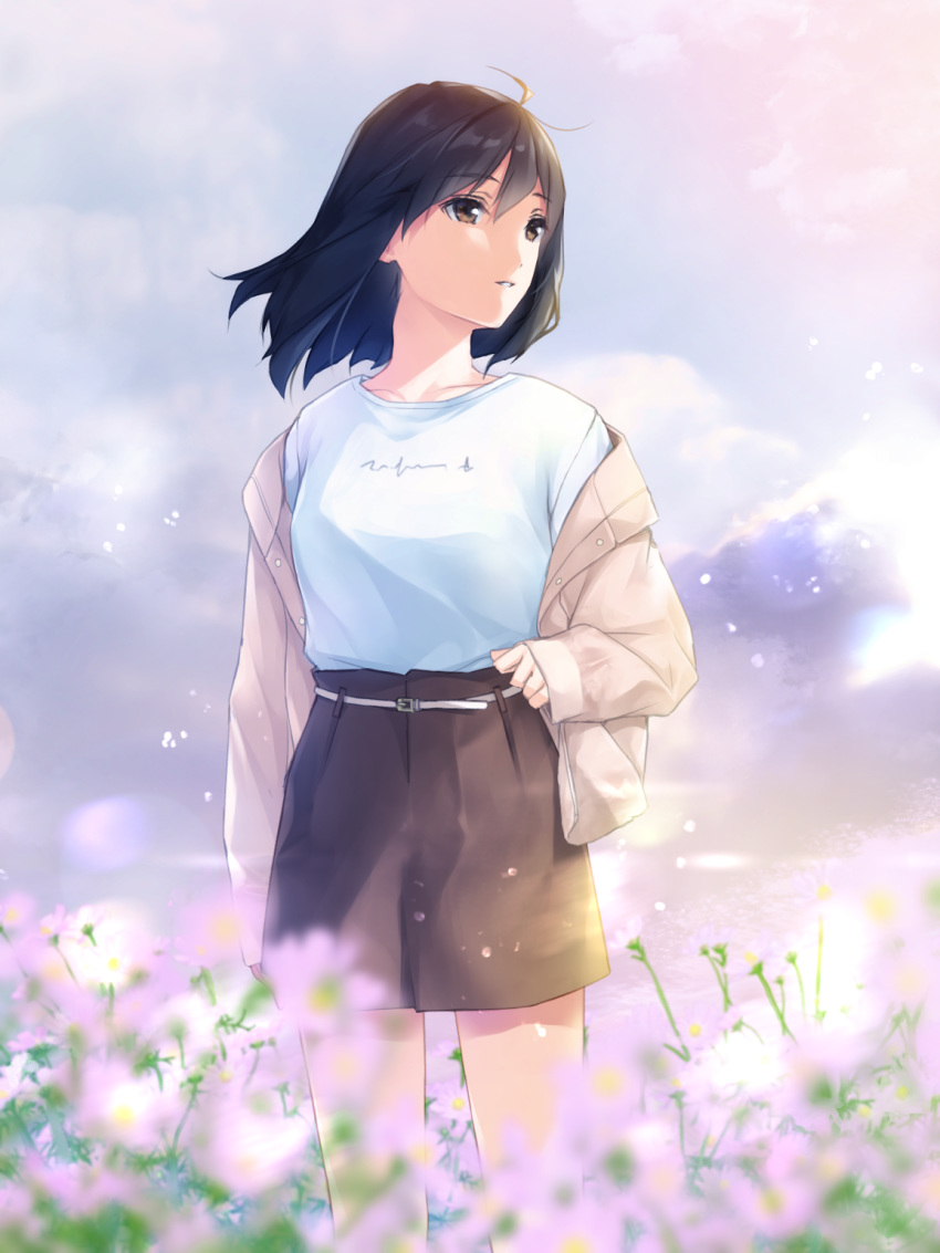 1girl beige_jacket black_hair brown_eyes brown_skirt flower highres jacket looking_away looking_to_the_side medium_hair nayuta69 open_clothes open_jacket original parted_lips shirt shirt_tucked_in skirt solo white_shirt