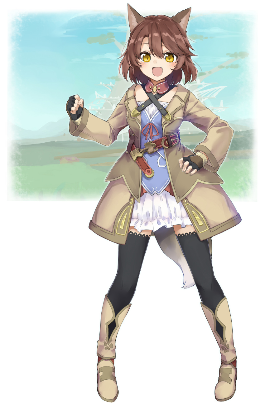 1girl :d absurdres amane_rosylily animal_ears bangs black_gloves black_legwear boots breasts brown_coat brown_collar brown_eyes brown_footwear brown_hair coat collar commentary_request criss-cross_halter detached_collar dress eyebrows_visible_through_hair fingerless_gloves fox_ears fox_girl fox_tail full_body gloves hair_between_eyes halterneck hand_on_hip highres knee_boots long_sleeves looking_at_viewer open_clothes open_coat open_mouth original red_ribbon ribbon sekira_ame short_hair small_breasts smile solo standing tail thighhighs thighhighs_under_boots white_dress