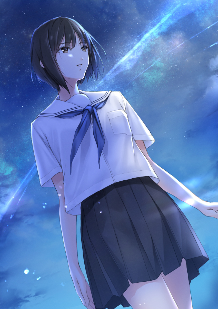 1girl black_hair black_skirt blue_neckwear bob_cut brown_eyes from_below highres looking_up nayuta69 neckerchief night night_sky original parted_lips sailor_collar school_uniform serafuku shirt short_hair skirt sky smile solo star_(sky) starry_sky white_sailor_collar white_shirt