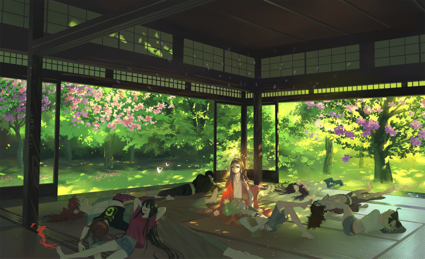 4girls 6+boys alternate_costume architecture bangs bare_legs barefoot black_bow black_hair blonde_hair blunt_bangs bow brown_hair bug butterfly casual chacha_(fate/grand_order) commentary_request contemporary denim denim_shorts east_asian_architecture fate/grand_order fate_(series) fiery_hair flower forest grass hair_bow half_updo highres hijikata_toshizou_(fate/grand_order) hime_cut indoors insect japanese_clothes kimono koha-ace layered_clothing layered_kimono long_hair lying mori_nagayoshi_(fate) multiple_boys multiple_girls nature oda_nobukatsu_(fate/grand_order) oda_nobunaga_(fate) oda_nobunaga_(fate)_(all) okada_izou_(fate) okita_souji_(fate) okita_souji_(fate)_(all) on_back on_side open_clothes open_vest oryou_(fate) panties panty_peek parted_bangs pavilion platinum_blonde_hair ponytail red_hair sakamoto_ryouma_(fate) shirt short_shorts shorts shouji sidelocks sitting sleeping sliding_doors straight_hair t-shirt tatami toyotomi_hideyoshi_(koha-ace) tree underwear very_long_hair vest warabi_tama