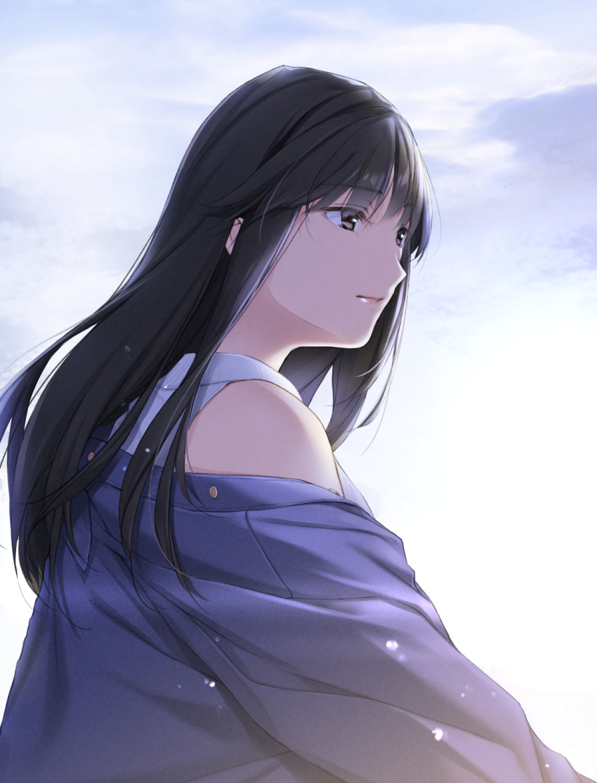 1girl bare_shoulders black_hair blue_jacket brown_eyes highres jacket long_hair looking_at_viewer nayuta69 original solo upper_body