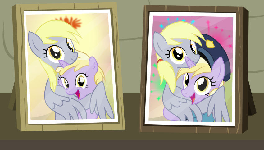 absurd_res amber_eyes badumsquish blonde_hair clothing daughter derp_eyes derpy_hooves_(mlp) dinky_hooves_(mlp) equid equine female friendship_is_magic hair hasbro hi_res horn hug mammal mother mother_and_child mother_and_daughter my_little_pony parent parent_and_child pegasus picture_frame police_hat police_officer police_uniform ponytail semi-anthro smile unicorn uniform using_wings wing_hug wings