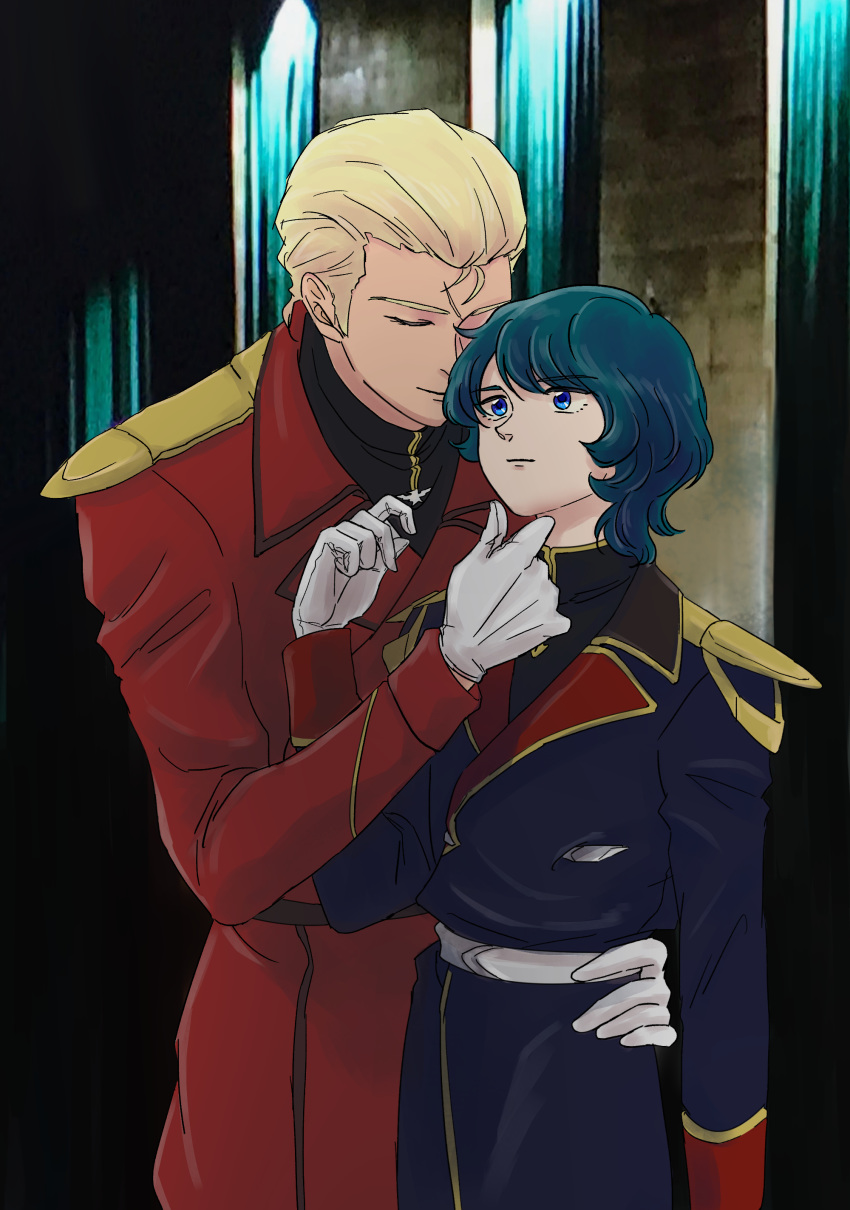 2boys absurdres artist_request blonde_hair blue_eyes blue_hair char's_counterattack char_aznable closed_eyes gloves gundam hand_on_another's_face highres kamille_bidan male_focus military military_uniform multiple_boys short_hair uniform what_if white_gloves