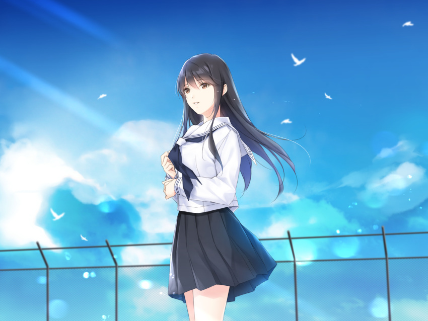 1girl black_hair black_skirt blue_neckwear blue_sky brown_eyes cloud hands_up highres light_smile long_hair long_sleeves nayuta69 neckerchief original parted_lips sailor_collar school_uniform serafuku shirt skirt sky solo white_bird white_sailor_collar white_shirt