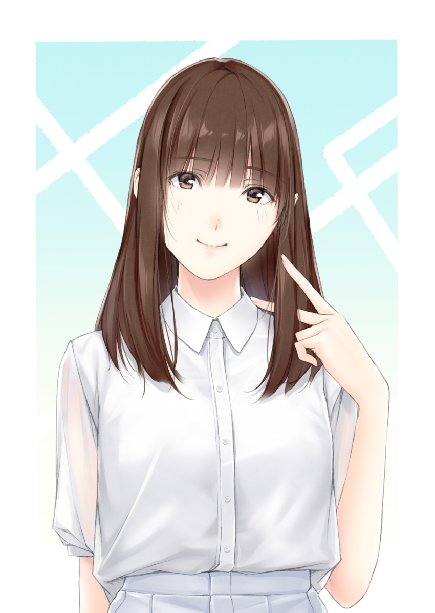 1girl brown_eyes brown_hair facing_viewer hand_up highres long_hair looking_at_viewer nayuta69 original see-through_sleeves shirt shirt_tucked_in skirt smile solo upper_body white_shirt white_skirt