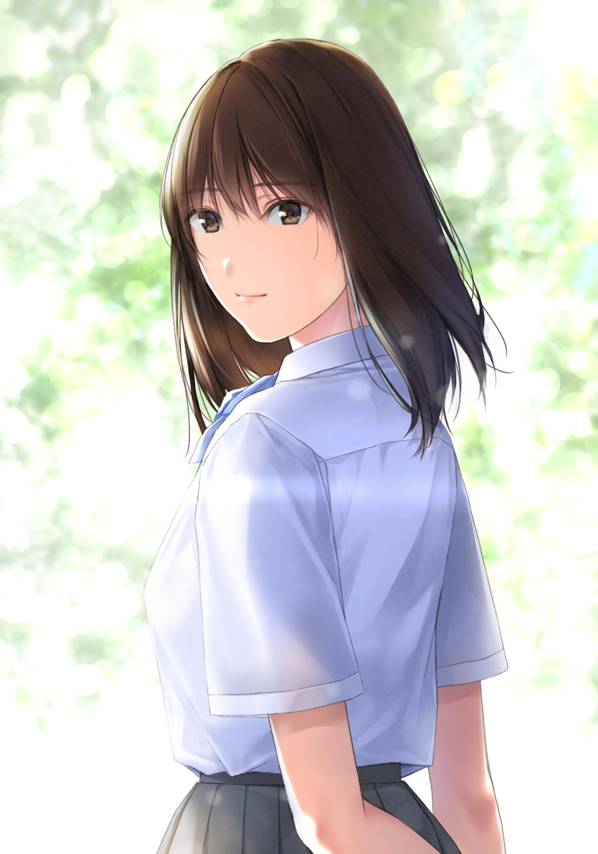 1girl blue_neckwear brown_eyes brown_hair from_side grey_skirt highres light_smile looking_at_viewer medium_hair nayuta69 neck_ribbon original ribbon school_uniform shirt shirt_tucked_in skirt solo upper_body white_shirt