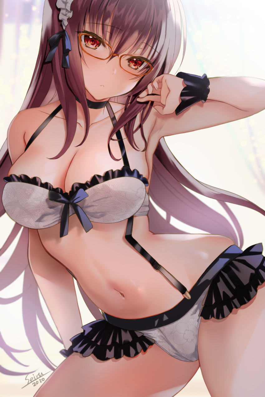 1girl armpits bangs bare_shoulders bikini blush breasts choker cleavage commentary_request eyebrows_visible_through_hair fate/grand_order fate_(series) frills hair_between_eyes halter_top halterneck hand_up highres hijiri_ruka large_breasts long_hair looking_at_viewer maid_bikini maid_headdress navel purple_hair red_eyes revision scathach_(fate)_(all) scathach_(fate/grand_order) shiny shiny_skin sidelocks solo stomach swimsuit thighs very_long_hair wrist_cuffs