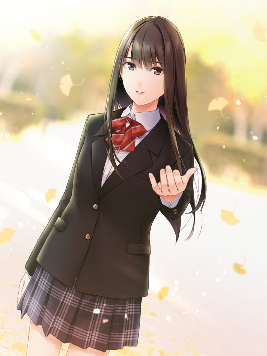 1girl autumn autumn_leaves black_jacket blazer bow bowtie brown_eyes brown_hair grey_skirt highres jacket long_hair long_sleeves looking_at_viewer nayuta69 original parted_lips red_neckwear skirt smile solo