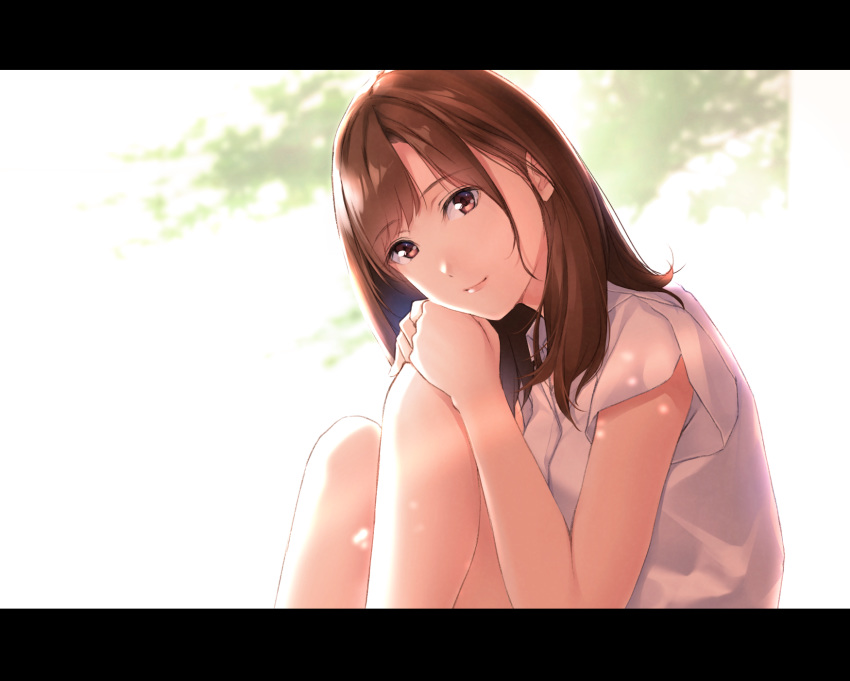 1girl brown_eyes brown_hair hands_on_own_knee highres letterboxed long_hair looking_at_viewer nayuta69 original shirt short_sleeves smile solo white_shirt