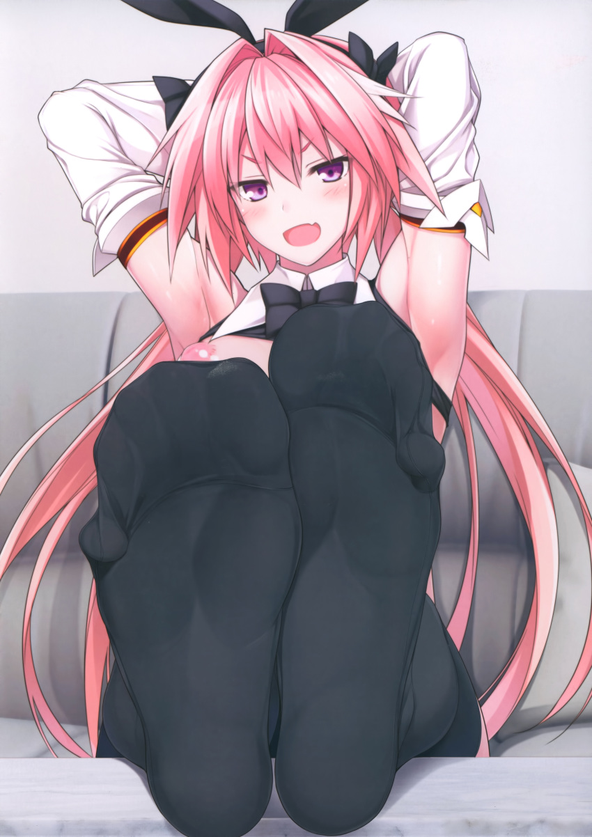 1boy :d absurdres armpits arms_behind_head arms_up astolfo_(fate) astolfo_(saber)_(fate) bow bowtie breasts fate/grand_order fate_(series) feet highres legs legs_up long_hair male_focus no_shoes open_mouth otoko_no_ko pink_hair pov_feet puffy_nipples ruton-niki sitting smile soles solo spread_toes thighhighs toenails toes