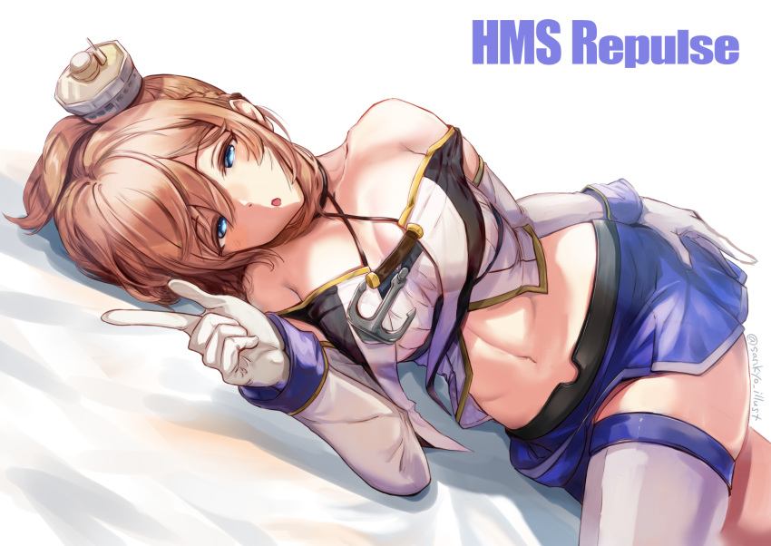 1girl :o anchor azur_lane bangs bare_shoulders bed_sheet blue_eyes blue_skirt blush braid breasts brown_hair capelet character_name cleavage commentary_request cowboy_shot criss-cross_halter crop_top detached_sleeves dutch_angle eyebrows_visible_through_hair french_braid gloves hair_between_eyes half-closed_eyes halterneck highres index_finger_raised large_breasts looking_at_viewer lying midriff miniskirt navel on_side ponytail repulse_(azur_lane) sankyo_(821-scoville) short_hair sidelocks simple_background skindentation skirt solo thighhighs twitter_username white_background white_gloves white_legwear white_sleeves zettai_ryouiki