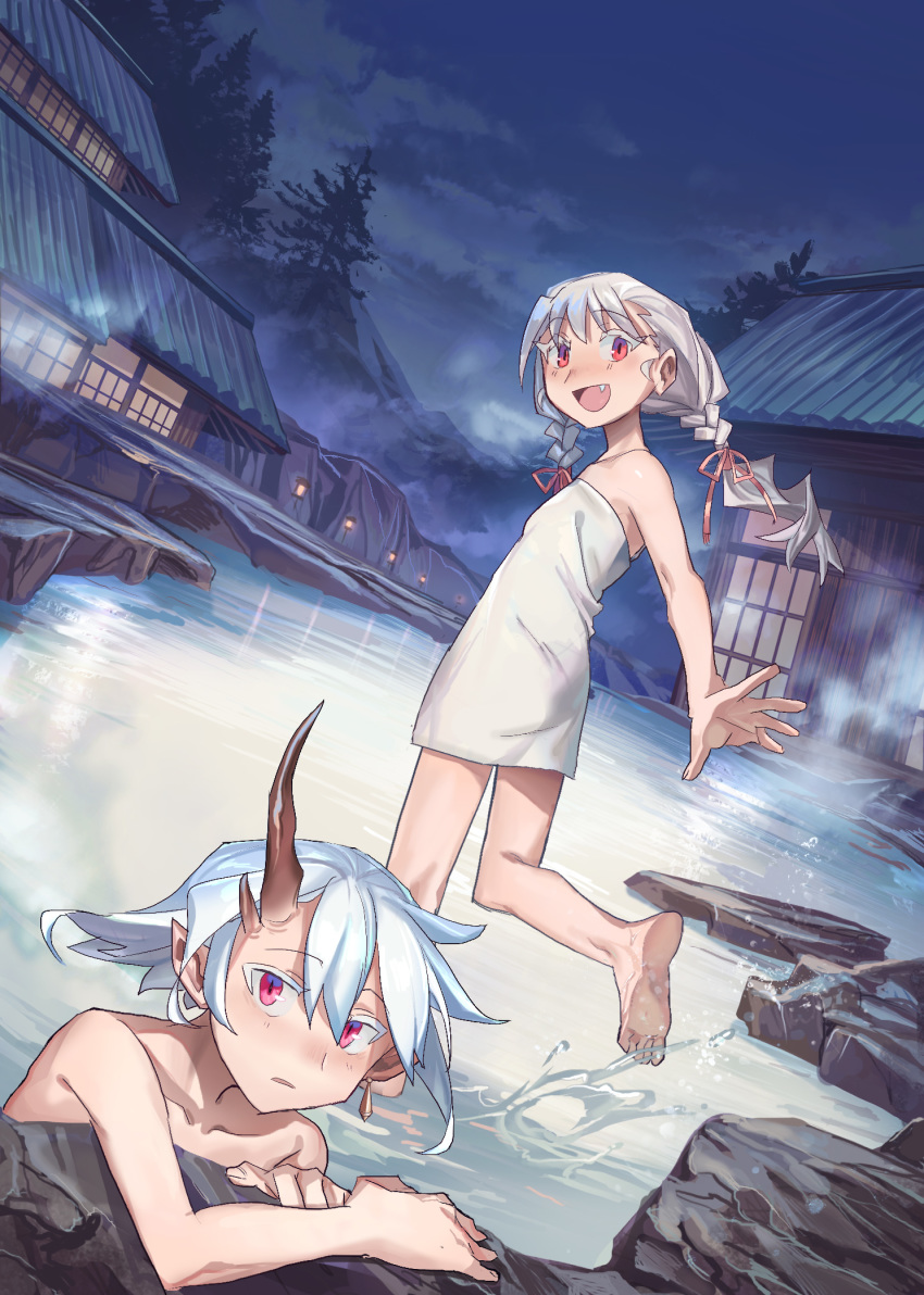 2girls :d architecture barefoot braid building cloud collarbone colored_eyelashes dutch_angle earrings east_asian_architecture error eyebrows_visible_through_hair eyelashes fang from_behind grey_hair highres horns jewelry lantern long_hair looking_at_viewer looking_back multiple_girls naked_towel night oni oni_horns onsen open_hand open_mouth original outdoors outstretched_hand pointy_ears red_eyes rock shichigatsu short_hair silver_hair single_earring sky slit_pupils smile soles splashing standing standing_on_one_leg steam toes towel tree twin_braids twintails wading water white_hair wrong_feet
