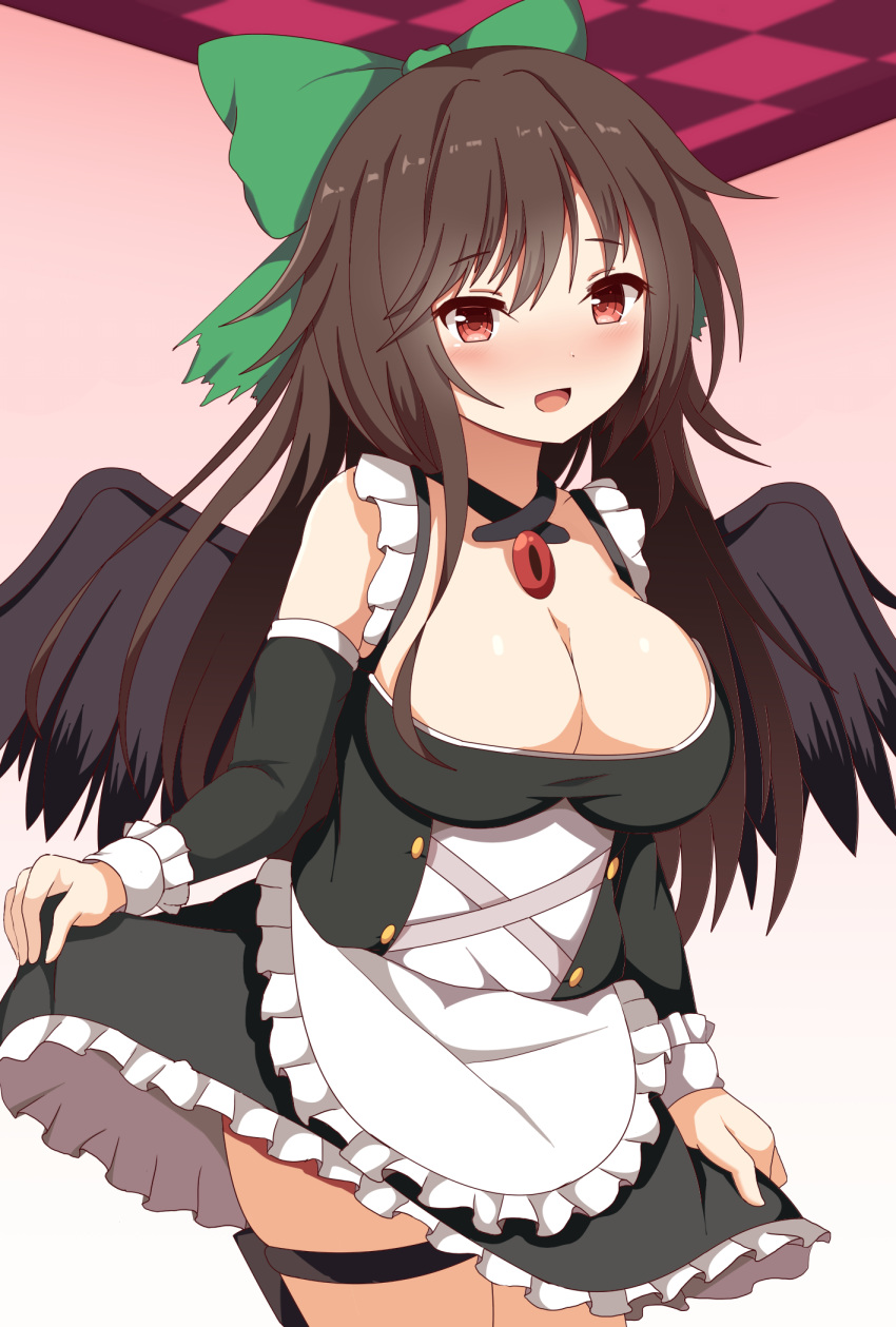 alternate_costume bird_wings black_wings blush bow breasts brown_hair cleavage detached_sleeves enmaided green_bow guard_vent_jun hair_bow highres large_breasts long_hair maid maid_dress nose_blush red_eyes reiuji_utsuho skirt_hold thigh_strap third_eye touhou very_long_hair wings