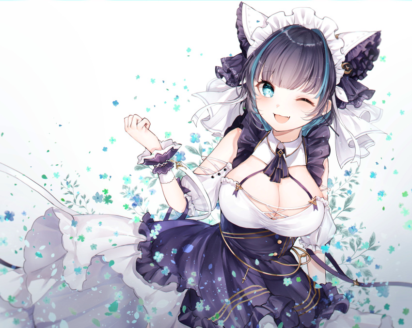 1girl absurdres aqua_eyes azur_lane blush breasts cheshire_(azur_lane) cleavage detached_sleeves dress eyebrows_visible_through_hair fang frilled_hairband frilled_headband frilled_ribbon frills hairband highres lace_trim large_breasts long_ribbon looking_at_viewer maid_dress maid_headdress multicolored_hair noyu23386566 one_eye_closed open_mouth puffy_detached_sleeves puffy_sleeves purple_apron ribbon skin_fang smile solo streaked_hair wrist_cuffs