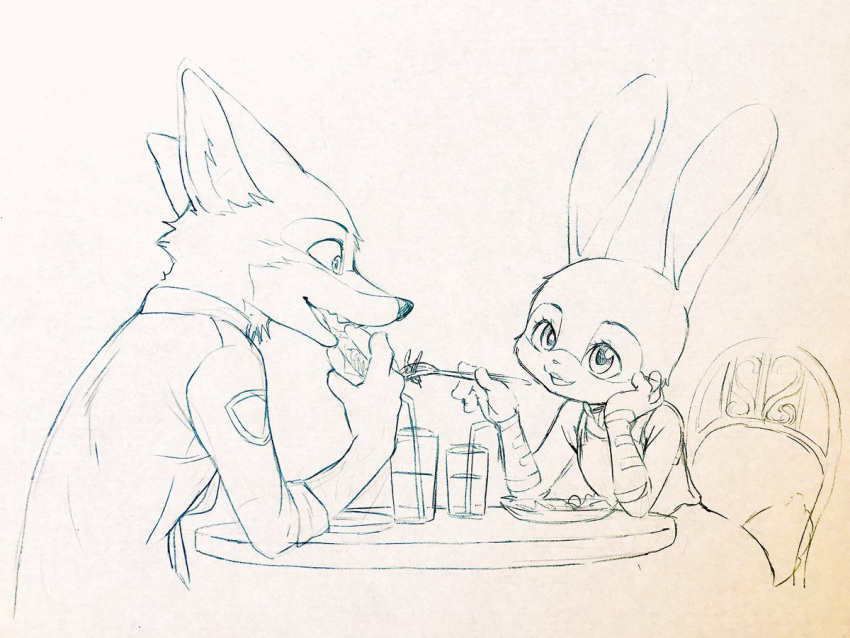 4:3 anthro canid canine chair clothed clothing cup disney dogear218 duo eating eye_contact fox furniture judy_hopps lagomorph leporid looking_at_another mammal nick_wilde open_mouth open_smile rabbit red_fox sitting smile straw table zootopia