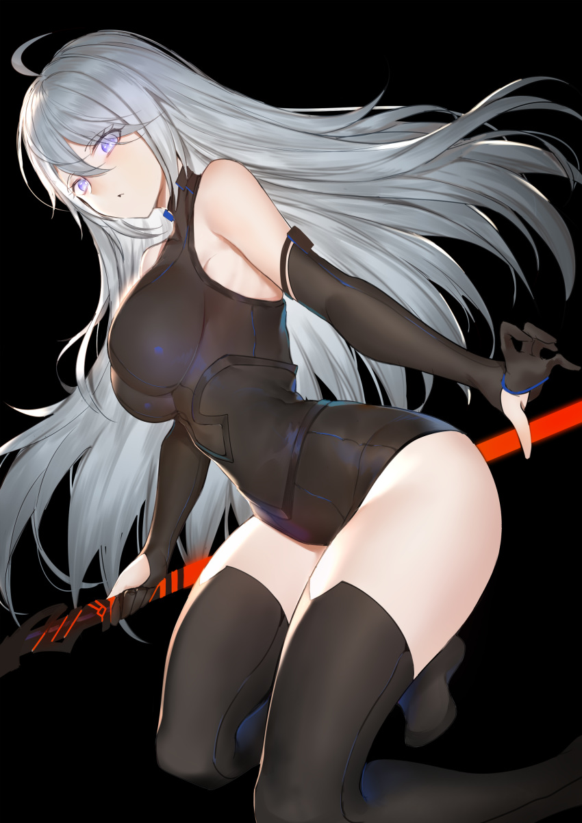 1girl absurdres ahoge bangs black_background black_gloves black_legwear black_leotard breasts elbow_gloves eyebrows_visible_through_hair eyes_visible_through_hair gloves glowing glowing_eyes highres holding holding_polearm holding_weapon horz large_breasts legs_folded leotard long_hair looking_at_viewer original partly_fingerless_gloves polearm purple_eyes silver_hair simple_background solo thighhighs weapon