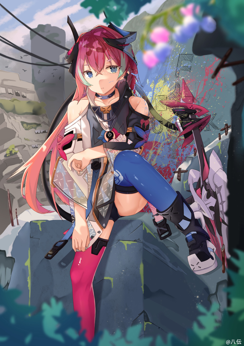 absurdres auguste berries bird black_panties blue_eyes blue_legwear blue_sky blurry_foreground boots choker day expressionless greatsword highres holding holding_sword holding_weapon honkai_(series) honkai_impact_3rd horns mismatched_legwear multicolored_hair outdoors paint_splatter panties pink_hair pink_legwear rozaliya_olenyeva rozaliya_olenyeva_(delta) ruins sitting sky streaked_hair sword thick_eyebrows thighhighs tree_shade twitter_username two-tone_hair underwear weapon