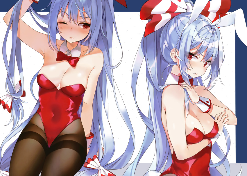 1girl absurdres animal_ears arm_under_breasts arm_up bare_shoulders bow bowtie breasts brown_legwear bunny_ears bunny_girl bunny_tail cleavage covered_navel detached_collar detexted fake_animal_ears fujiwara_no_mokou hair_bow hairband highres huge_filesize leotard long_hair medium_breasts mirei multiple_views non-web_source one_eye_closed pantyhose playboy_bunny ponytail red_eyes scan sidelocks silver_hair sitting stitched tail thighband_pantyhose third-party_edit touhou very_long_hair wrist_cuffs