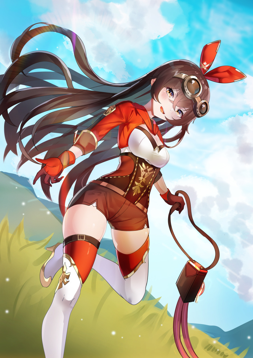 1girl absurdres amber_(genshin_impact) bangs blush boots breasts brown_eyes brown_hair brown_shorts cleavage cloud crossed_bangs eyebrows_visible_through_hair floating_hair genshin_impact gloves goggles gold_trim hair_between_eyes hair_ribbon highres huge_filesize large_breasts long_hair looking_at_viewer manu_(pixiv41646715) outdoors parted_lips red_legwear red_ribbon ribbon short_shorts shorts skindentation sky smile solo standing thigh_boots thighhighs thighs very_long_hair white_footwear zettai_ryouiki