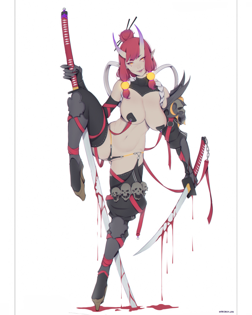 1girl absurdres ass_visible_through_thighs bare_shoulders blood boots breasts hair_bobbles hair_bun hair_ornament high_heel_boots high_heels highres horns katana large_breasts leg_lift leg_up liya_nikorov looking_at_viewer navel oni oni_horns original pale_skin pasties solo split standing standing_on_one_leg standing_split sword weapon white_background yellow_eyes