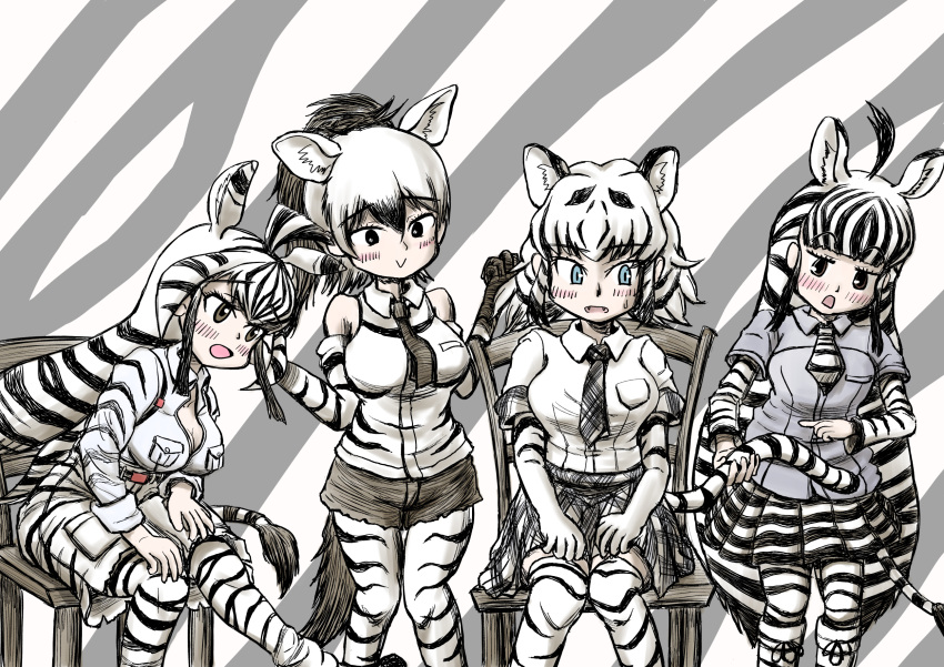 4girls :&gt; aardwolf_(kemono_friends) aardwolf_ears aardwolf_girl aardwolf_print aardwolf_tail ahoge animal_ears animal_print bangs bare_shoulders black_eyes black_hair black_neckwear black_shorts blue_eyes bodystocking boots breast_pocket breasts brown_eyes cargo_shorts cat_girl chair chapman's_zebra_(kemono_friends) cleavage closed_mouth collared_shirt commentary_request elbow_gloves extra_ears eyebrows_visible_through_hair fangs feet_out_of_frame gloves grabbing hair_between_eyes hand_rest hands_up high_ponytail highres kemono_friends leaning_forward leaning_to_the_side legwear_under_shorts long_hair long_sleeves looking_at_another medium_hair miniskirt multicolored_hair multiple_girls necktie open_mouth pantyhose partially_unzipped plaid plaid_skirt plains_zebra_(kemono_friends) pleated_skirt pocket pointing pointing_at_another print_legwear print_shirt print_shorts print_skirt print_sleeves shirt short_over_long_sleeves short_sleeves shorts side-by-side sitting skirt smile standing streaked_hair striped striped_footwear striped_gloves striped_legwear striped_shirt striped_skirt striped_sleeves striped_tail tail tail_grab teriiman thigh_gap thighhighs tiger_ears tiger_girl tiger_print tiger_tail two-tone_hair very_long_hair white_hair white_shirt white_tiger_(kemono_friends) wing_collar zebra_ears zebra_girl zebra_print zebra_tail zettai_ryouiki zipper