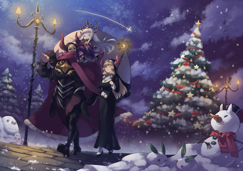 1boy 2girls absurdres armor black_dress blonde_hair breastplate cape carrying christmas_tree closed_eyes cloud cloudy_sky cordula_(okame_nin) crown dress falling_star gauntlets highres holding holding_sack holding_staff horns horns_through_headwear huge_filesize lamppost long_dress long_hair long_sleeves mana_matitia_(okame_nin) mask multiple_girls night night_sky nun okame_nin one_eye_closed original purple_dress red_cape red_eyes road sack shoulder_carry sky smile snow snowman staff star_(sky) starry_sky urushia_(okame_nin) walking