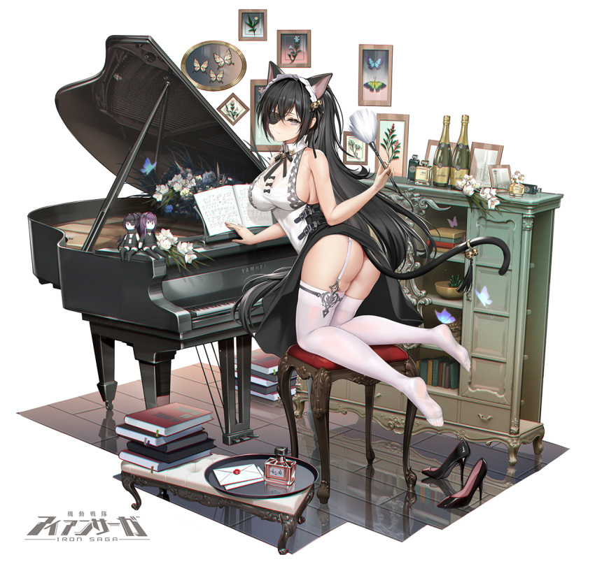 1girl animal_ears ass bare_arms bare_shoulders black_eyes black_hair blush book bottle breasts cat_ears cat_girl cat_tail champagne_bottle character_request commentary_request doll eyepatch flower garter_straps high_heels highres instrument iron_saga kneeling large_breasts letter looking_at_viewer official_art piano picture_frame skindentation soles tail thighhighs white_legwear zjsstc