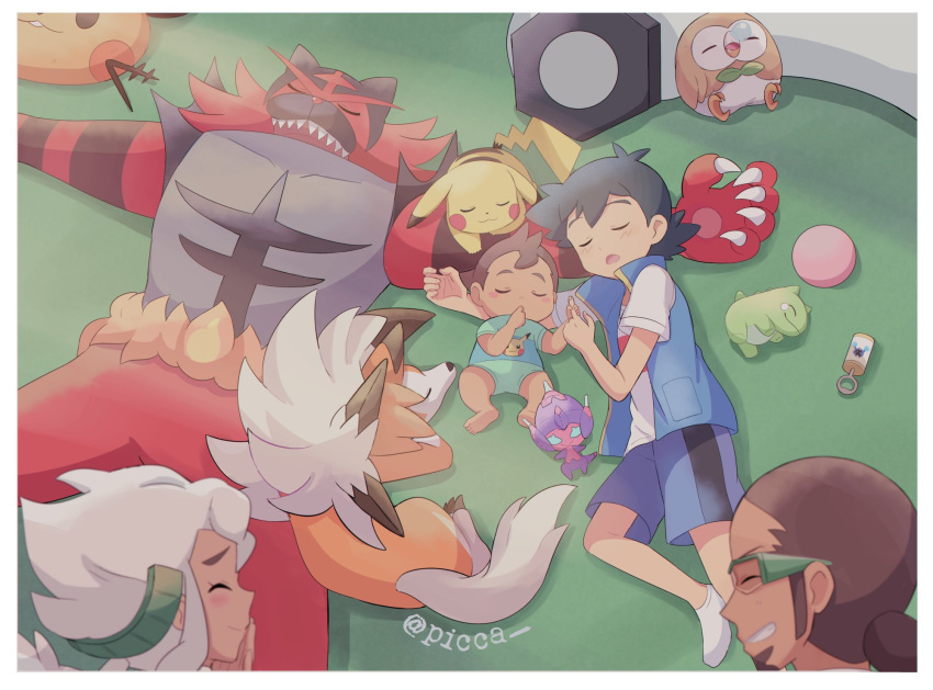 1girl 3boys artist_name ash_ketchum bangs barefoot black_hair blush brown_hair burnet_(pokemon) closed_eyes closed_mouth commentary_request dark_skin dark_skinned_male dedenne eyelashes facial_hair gen_1_pokemon gen_6_pokemon gen_7_pokemon hair_bun highres incineroar jacket kukui_(pokemon) lei_(pokemon) lying mei_(maysroom) multiple_boys on_back on_side open_mouth pikachu poipole pokemon pokemon_(anime) pokemon_(creature) pokemon_swsh_(anime) rowlet shirt shorts sleeping smile socks soles substitute_(pokemon) sunglasses teeth toes ultra_beast white_legwear white_shirt