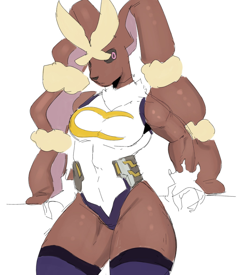 anthro belt black_sclera clothing cosplay female goonie-san hi_res lagomorph leaning leaning_back legwear leporid lopunny mammal mega_evolution mega_lopunny my_hero_academia nintendo pok&eacute;mon pok&eacute;mon_(species) rabbit solo stockings video_games