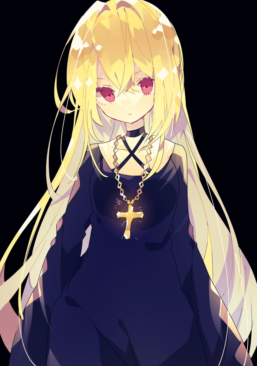 1girl bangs black_background black_cat_(series) black_choker black_dress blonde_hair breasts chain choker closed_mouth collarbone commentary_request cross cross_necklace dress eve_(black_cat) hair_between_eyes highres jewelry long_hair long_sleeves looking_at_viewer looking_to_the_side necklace nikorashi-ka red_eyes simple_background solo upper_body very_long_hair