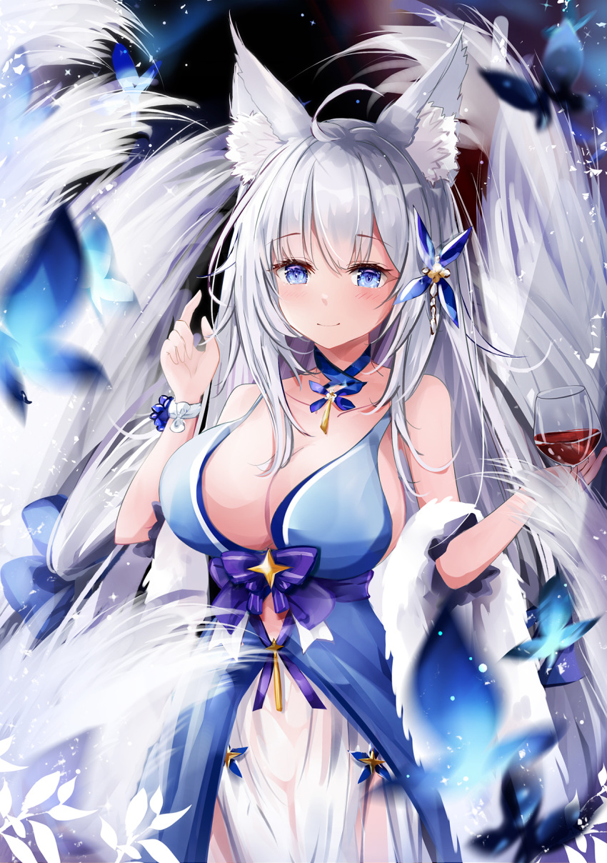 animal_ears azur_lane japanese_clothes kitsune mutang no_bra shinano_(azur_lane) tail