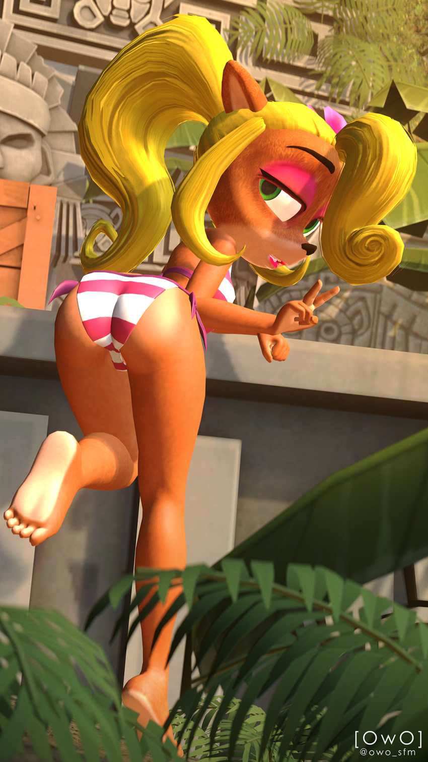 3d_(artwork) 9:16 activision anthro bandicoot barefoot bedroom_eyes bikini blonde_hair clothing coco_bandicoot crash_bandicoot_(series) digital_media_(artwork) female fur green_eyes hair hi_res jungle looking_at_viewer looking_back mammal marsupial narrowed_eyes orange_body orange_fur outside owo_sfm peace_signs ponytail raised_leg seductive solo source_filmmaker swimwear tan_body tan_skin video_games