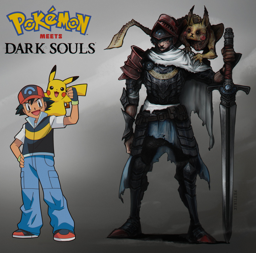 absurdres arm_at_side arm_up armor armored_boots artist_name ash_ketchum belt black_footwear black_hair blue_pants boots brown_belt cape chosen_undead commentary copyright_name creature crossover dark_souls gen_1_pokemon gradient gradient_background grey_background hand_on_hip hat helm helmet highres holding holding_sword holding_weapon male_focus neytirix on_shoulder pants pauldrons pikachu poke_ball_print pokemon pokemon_(creature) pokemon_on_shoulder red_footwear shoes shoulder_armor souls_(from_software) sword torn_cape torn_clothes weapon white_cape