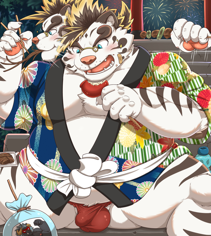 2020 anthro asian_clothing balls_outline belly blue_eyes blush bulge clothing east_asian_clothing eating eyewear felid festival fireworks food fundoshi fur gapao genital_outline glasses happi_(clothing) hi_res humanoid_hands japanese_clothing kemono licho_(tas) male mammal night outside overweight overweight_anthro overweight_male pantherine penis_outline sitting solo tiger tokyo_afterschool_summoners underwear video_games white_body white_fur