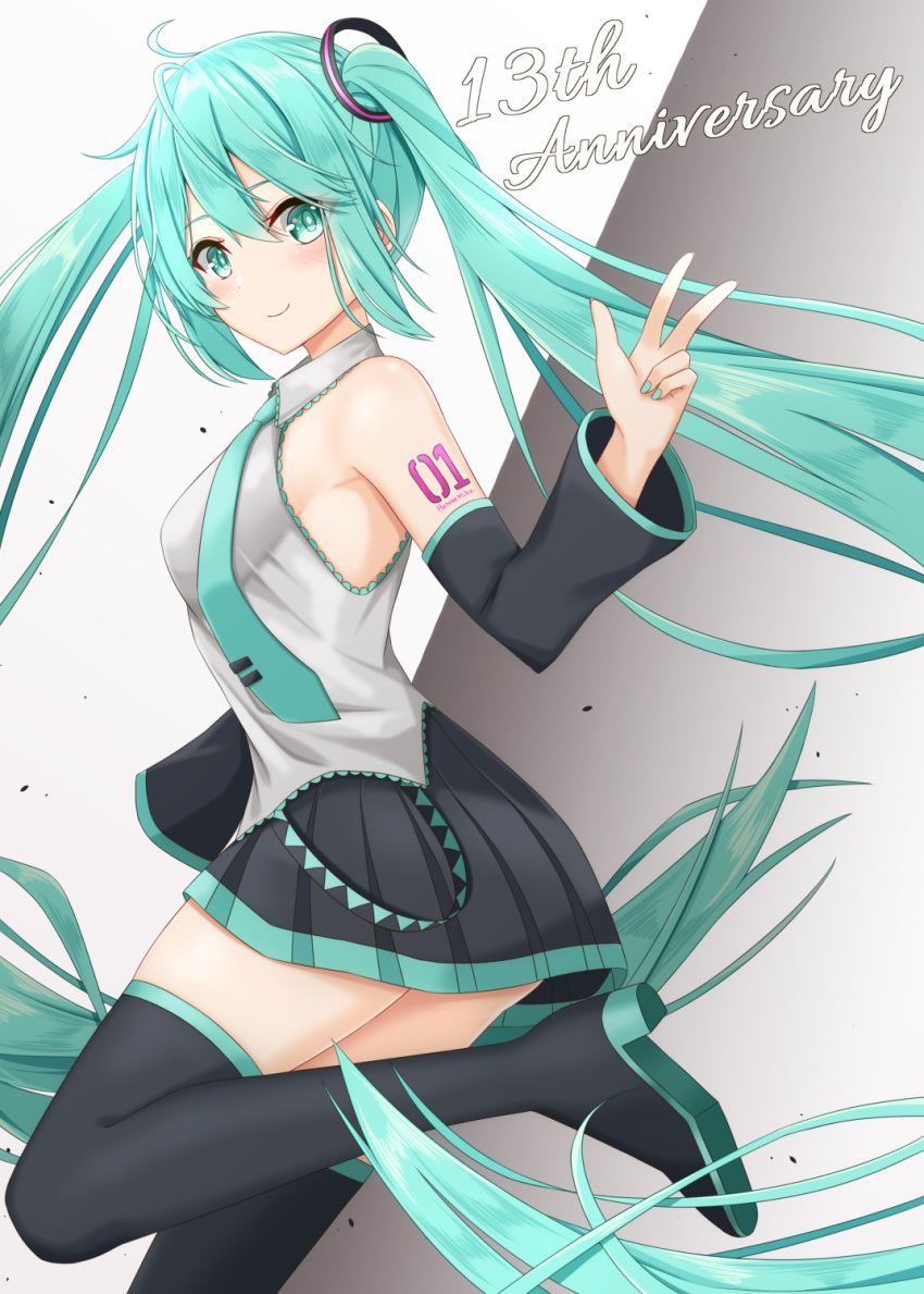 1girl absurdly_long_hair anniversary aqua_eyes aqua_hair aqua_nails aqua_neckwear bare_shoulders black_legwear black_skirt black_sleeves boots breasts commentary cowboy_shot detached_sleeves divergenceok from_side grey_shirt hair_ornament hand_up hatsune_miku highres leg_up long_hair looking_at_viewer looking_to_the_side medium_breasts miniskirt nail_polish necktie pleated_skirt shirt shoulder_tattoo skirt sleeveless sleeveless_shirt smile solo tattoo thigh_boots thighhighs twintails very_long_hair vocaloid w zettai_ryouiki