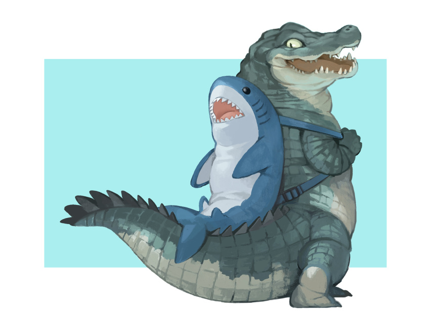 :d backpack bag blue_background border crocodile crocodile_(hyakunichigo_ni_shinu_wani) crocodilian from_behind nishimawari_kouro no_humans open_mouth original shark_backpack simple_background smile standing white_border