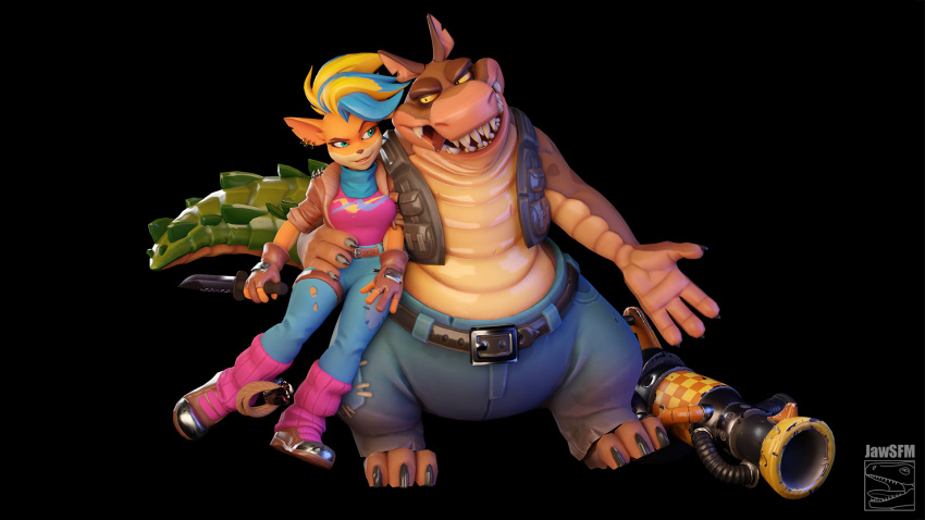 16:9 3d_(artwork) activision anthro bandicoot black_background canid canine canis clothed clothing crash_bandicoot_(series) crocodile crocodilian crocodylid digital_media_(artwork) dingo dingodile duo eye_contact female hair hi_res jawsfm knife looking_at_another male male/female mammal marsupial multicolored_hair pirate_tawna reptile scalie simple_background tawna_bandicoot video_games widescreen