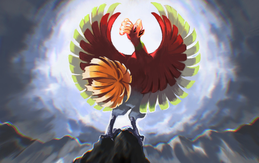 cloud cloudy_sky from_behind full_body gen_2_pokemon ho-oh legendary_pokemon making-of_available mountaintop nishimawari_kouro no_humans pokemon pokemon_(creature) sky spread_wings standing