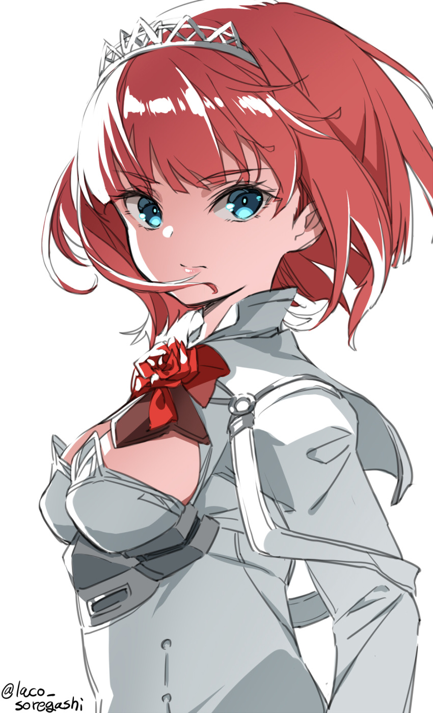 1girl ark_royal_(kantai_collection) bangs blue_eyes blunt_bangs bob_cut breasts cleavage_cutout clothing_cutout commentary_request hairband highres inverted_bob kantai_collection laco_soregashi looking_at_viewer medium_breasts red_hair red_ribbon ribbon short_hair simple_background solo tiara upper_body white_background