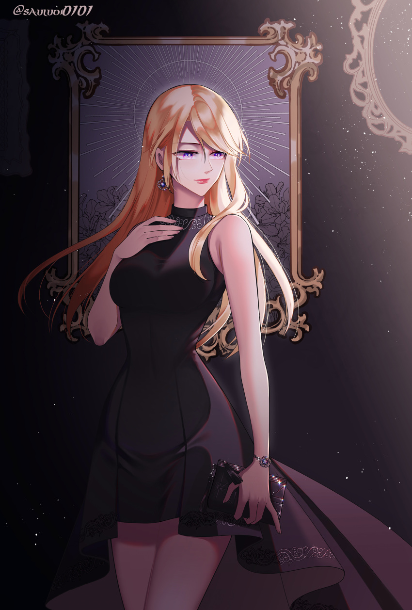 1girl absurdres bag bare_shoulders black_dress blonde_hair bracelet breasts bronzesauluoi closed_mouth commentary dress earrings english_commentary final_fantasy final_fantasy_xv floating_hair formal hair_between_eyes hand_on_own_chest handbag highres holding holding_bag jewelry lips lipstick long_hair looking_to_the_side makeup medium_breasts painting_(object) purple_eyes solo stella_nox_fleuret twitter_username