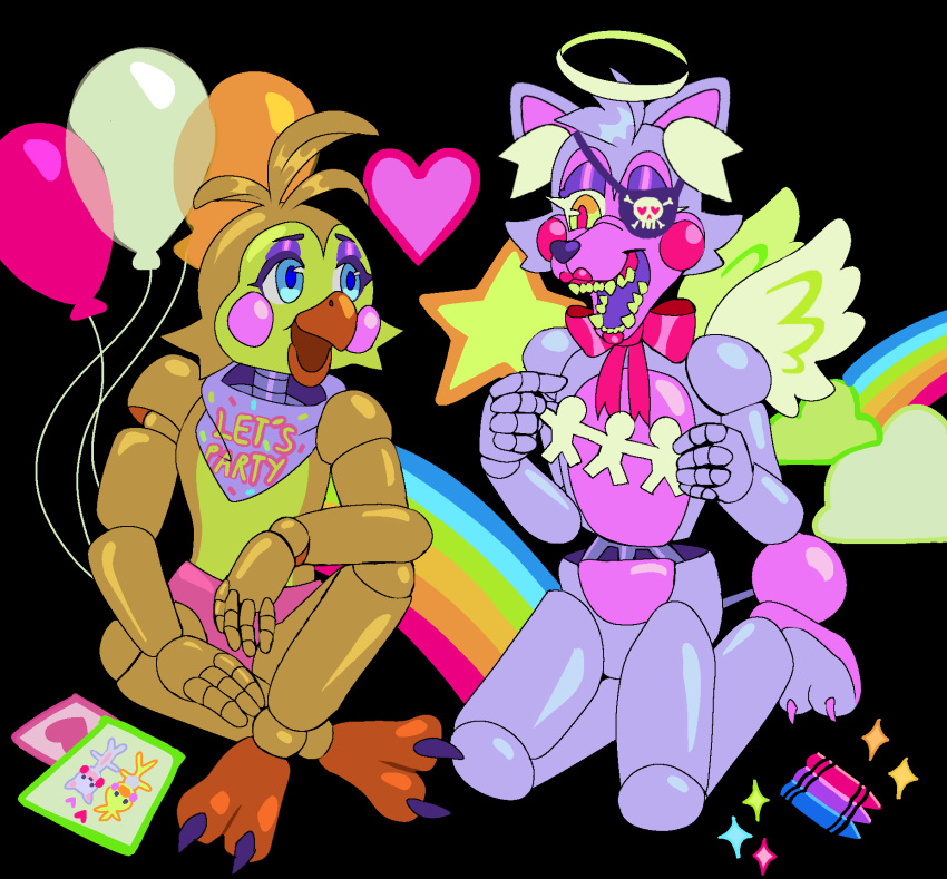 &lt;3 2020 2_toes 3_toes 5_fingers animatronic avian balloon beak bib bird black_nose blonde_hair blue_eyes canid canine cheek_tuft chicken claws confettiwater crayons duo eyelashes eyeshadow facial_tuft feathered_wings feathers female fingers five_nights_at_freddy's five_nights_at_freddy's_2 fox galliform gallus_(genus) hair half-closed_eyes hi_res inner_ear_fluff lipstick machine makeup mammal mangle_(fnaf) narrowed_eyes open_mouth orange_body phasianid photo pink_body pink_cheeks red_cheeks ring robot sharp_teeth sitting teeth toe_claws toes toy_chica_(fnaf) tuft video_games white_body white_hair wings yellow_body yellow_eyes