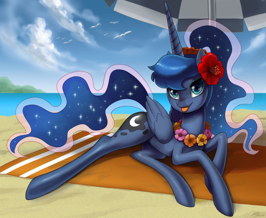 &lt;3 &lt;3_eyes beach blep equid female feral friendship_is_magic hasbro hi_res horn john_joseco mammal my_little_pony on_towel princess_luna_(mlp) seaside solo tongue tongue_out towel winged_unicorn wings