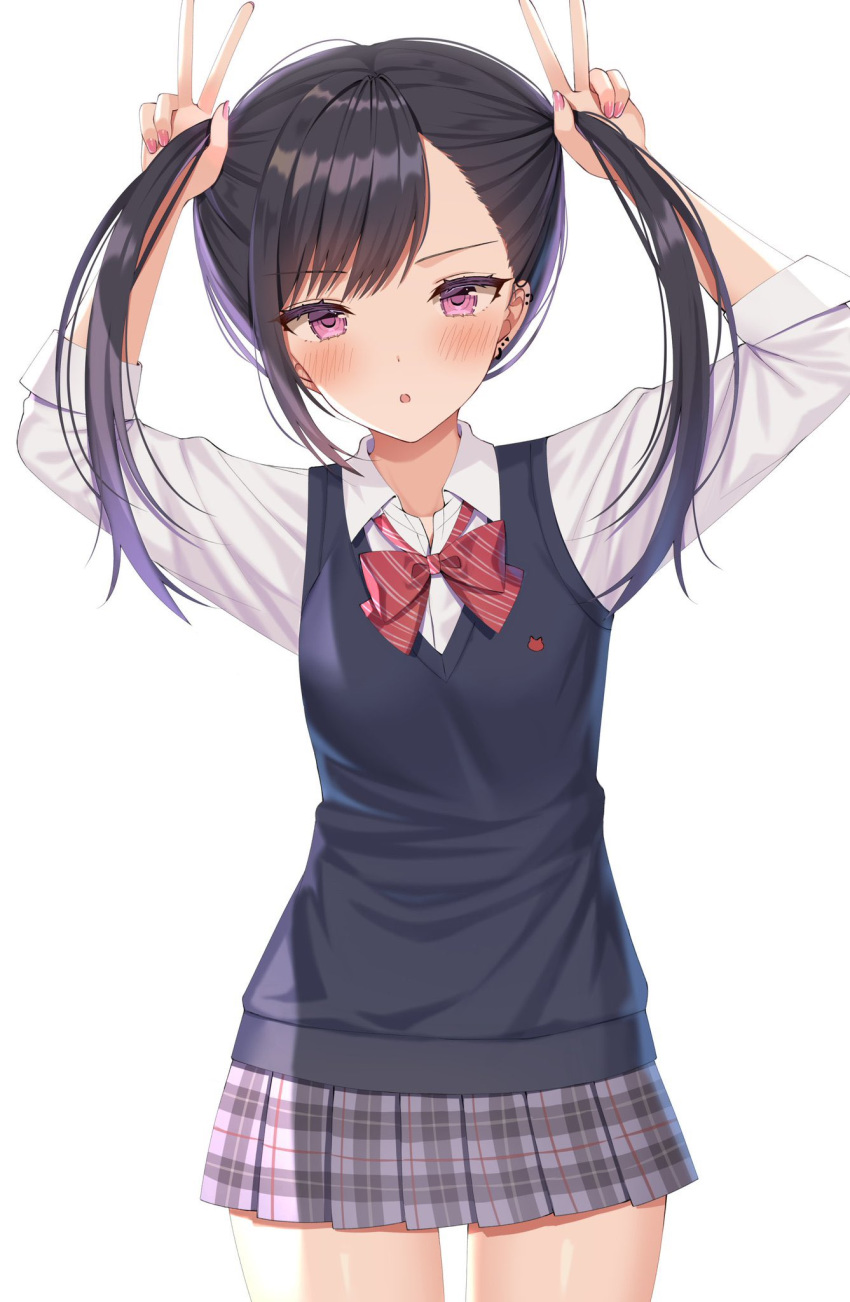 1girl bangs black_hair blush bow bowtie collared_shirt double_v eyebrows_visible_through_hair highres holding holding_hair izumo_neru long_hair long_sleeves original parted_lips plaid plaid_skirt purple_eyes school_uniform shirt skirt solo thighs v vest white_shirt