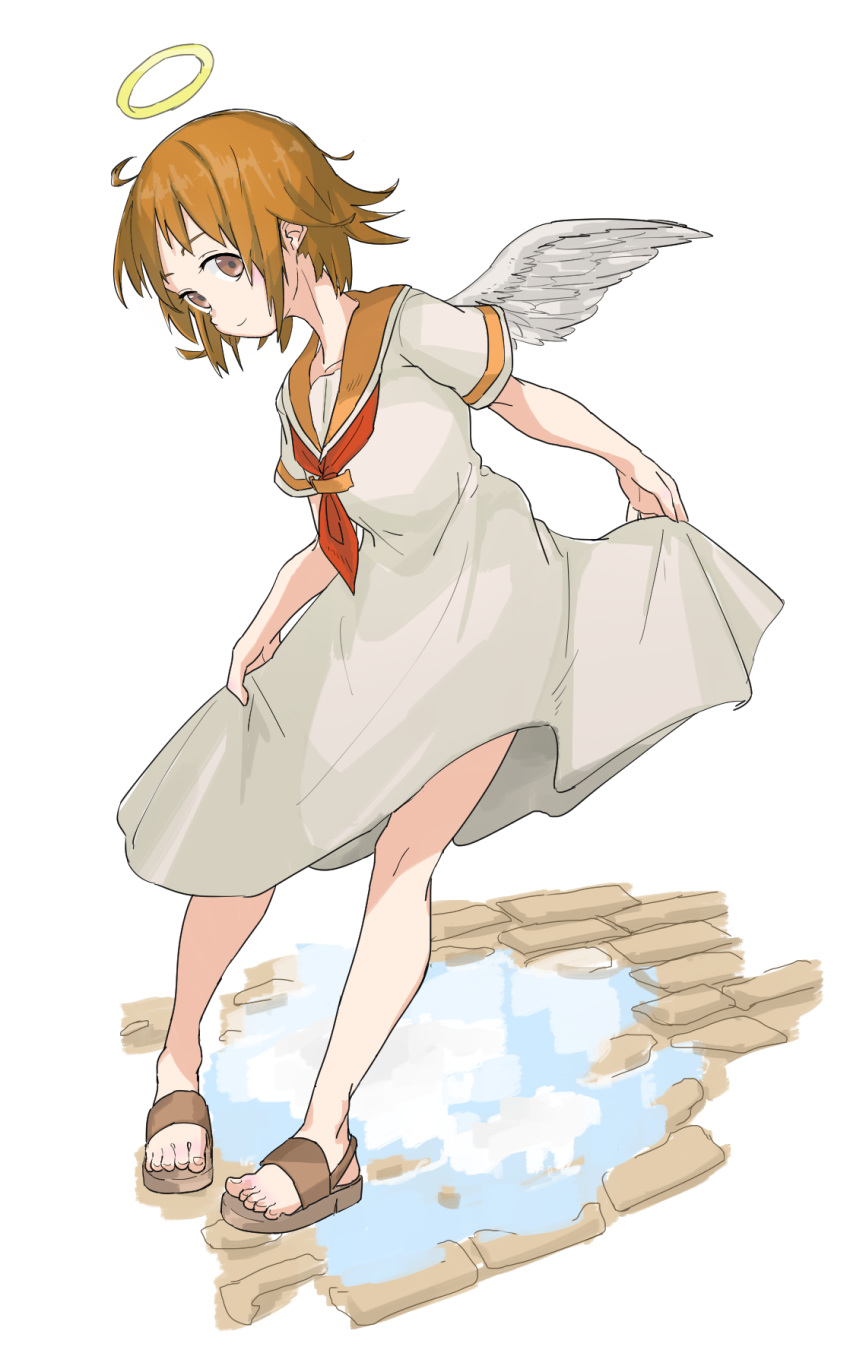 1girl angel angel_wings brown_eyes brown_hair dress full_body haibane_renmei halo highres holding holding_clothes holding_dress looking_at_viewer messy_hair neckerchief nmgv orange_sailor_collar rakka red_neckwear sailor_collar sandals short_hair short_sleeves simple_background smile solo standing static_cling white_background white_dress wings