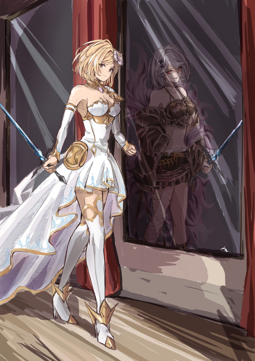 1girl alter_ego_malevolent_(granblue_fantasy) bare_shoulders blonde_hair breasts cleavage detached_sleeves different_reflection djeeta_(granblue_fantasy) dress flower glanbluefanta granblue_fantasy hair_flower hair_ornament hairpin high_heels highres jacket looking_at_viewer midriff reflection serious shaded_face sketch skirt solo sword tank_top the_glory thighhighs weapon white_dress white_legwear white_sleeves