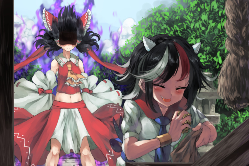 2girls anger_vein angry aura bare_shoulders black_hair blue_neckwear blush bow closed_eyes cloud coin commentary cuffs dark_aura death_flag detached_sleeves eyebrows_visible_through_hair frilled_bow frills frown hair_bow hakurei_reimu hidden_eyes horns kijin_seija long_hair midriff multicolored_hair multiple_girls navel nontraditional_miko red_bow red_hair red_shirt red_skirt rope sack shaded_face shirt short_hair skirt smile streaked_hair sunyup theft tongue tongue_out touhou tree white_hair white_shirt yellow_neckwear