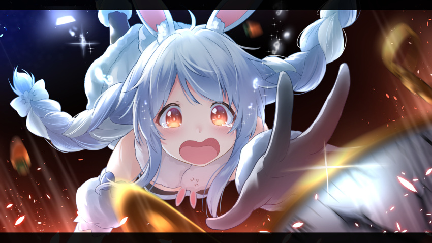 1girl 1other :o ahoge alice_in_wonderland animal_ear_fluff animal_ears bangs bare_shoulders black_gloves black_legwear blue_hair blurry blurry_background blurry_foreground blush bow braid breasts bunny bunny_ears carrot coat commentary_request creature crying crying_with_eyes_open depth_of_field detached_sleeves don-chan_(usada_pekora) dress enatsu eyebrows_visible_through_hair falling fur-trimmed_coat fur-trimmed_gloves fur_collar fur_trim glint gloves hair_bow hololive letterboxed light_blue_hair long_hair motion_blur multicolored_hair open_mouth orange_eyes outstretched_hand pantyhose parody petals pocket_watch rabbit_girl sidelocks small_breasts sparkle tears twin_braids twintails two-tone_hair usada_pekora very_long_hair virtual_youtuber watch white_bow white_coat white_hair